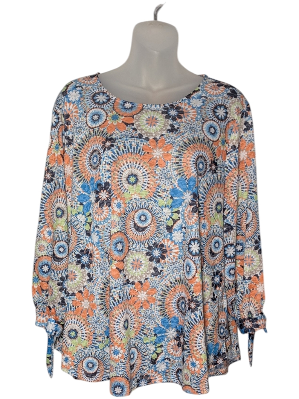 Ruby Rd. 1X Floral Medallion 3/4 Tie Sleeve Blouse Colorful Festival Tunic